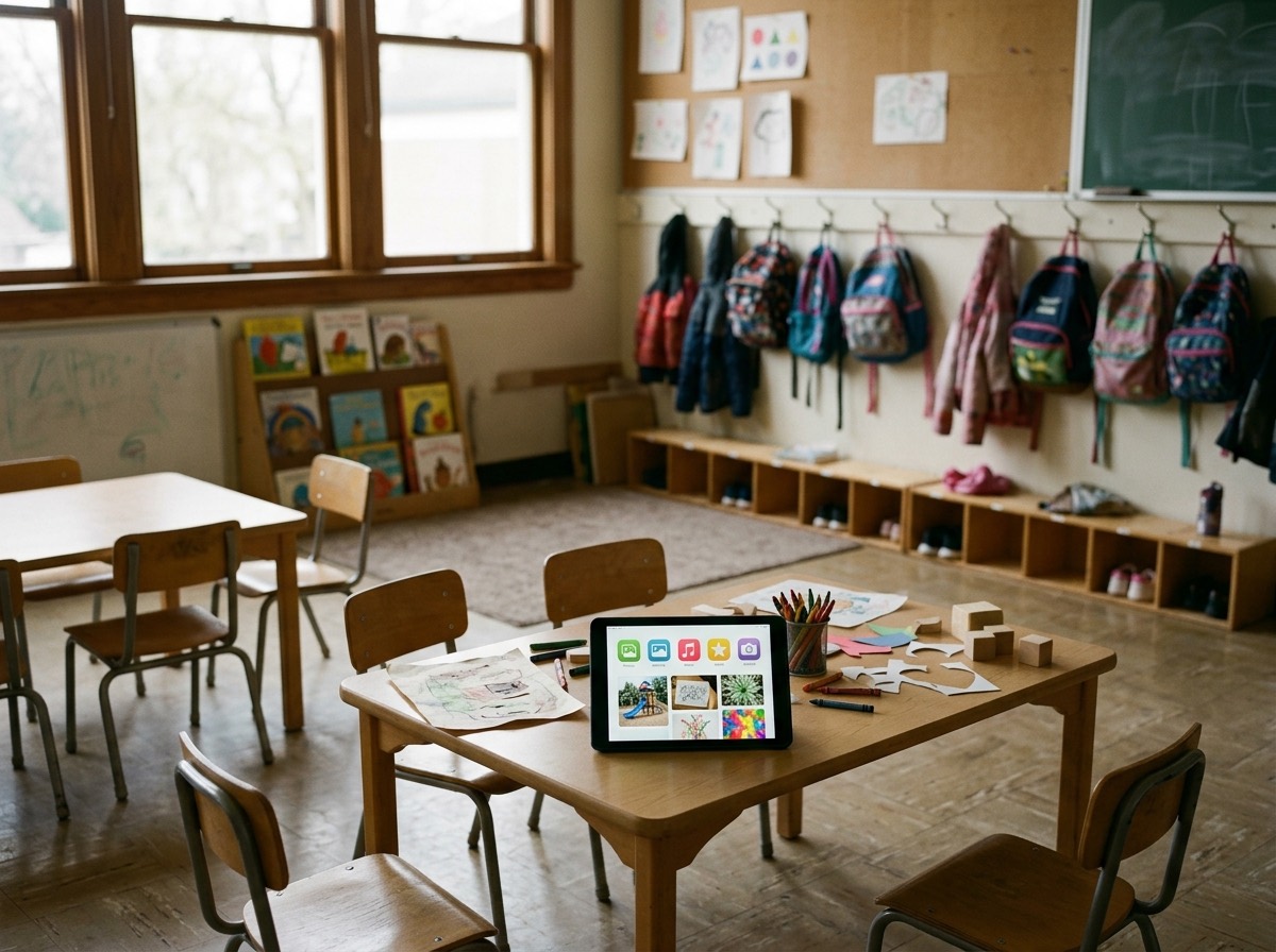 Empty after-school club room with small tables, crayons, paper cut-outs, a tablet and backpacks on wall hooks