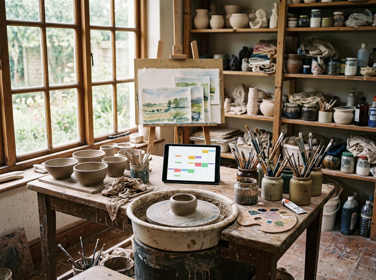 Quiet pottery and painting studio with clay bowls, a potter's wheel, brushes and a tablet on a wooden worktable