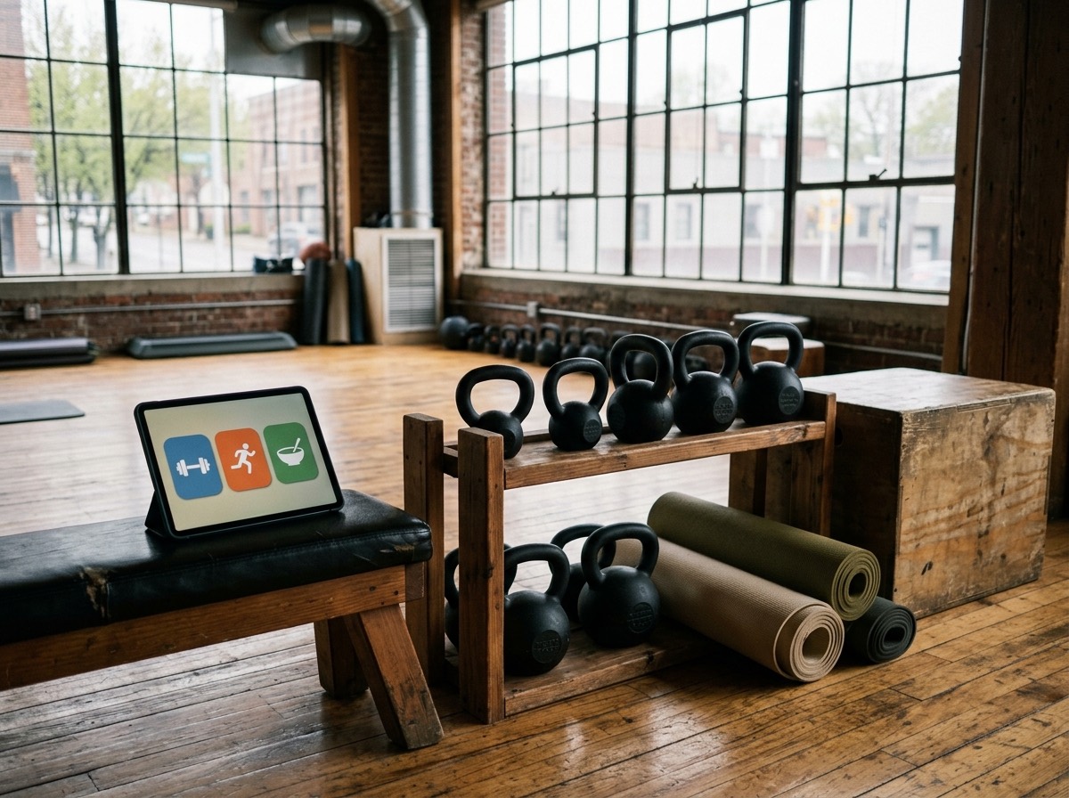 Small fitness studio with kettlebells, rolled mats, a plyo box and a tablet on a bench