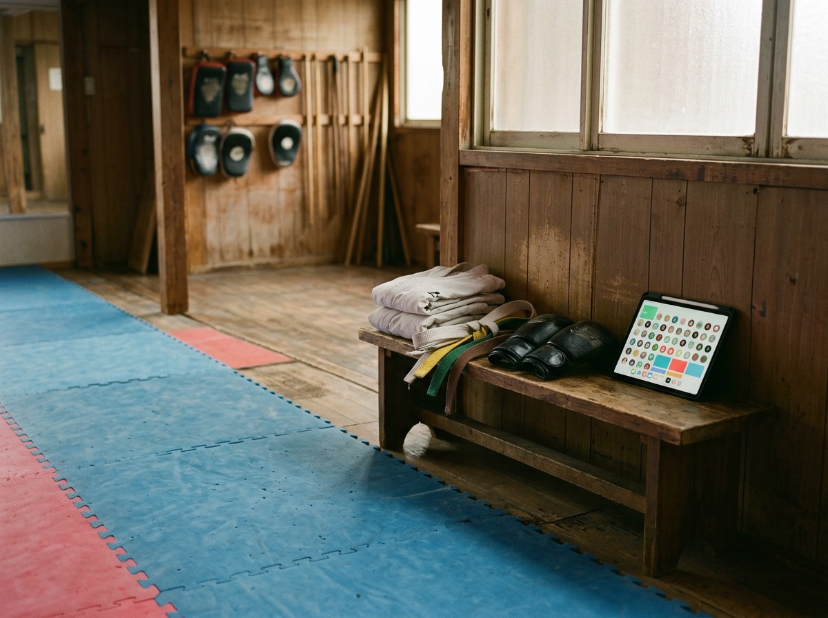Empty small dojo with mats, folded uniforms, coloured belts and a tablet on a wooden bench
