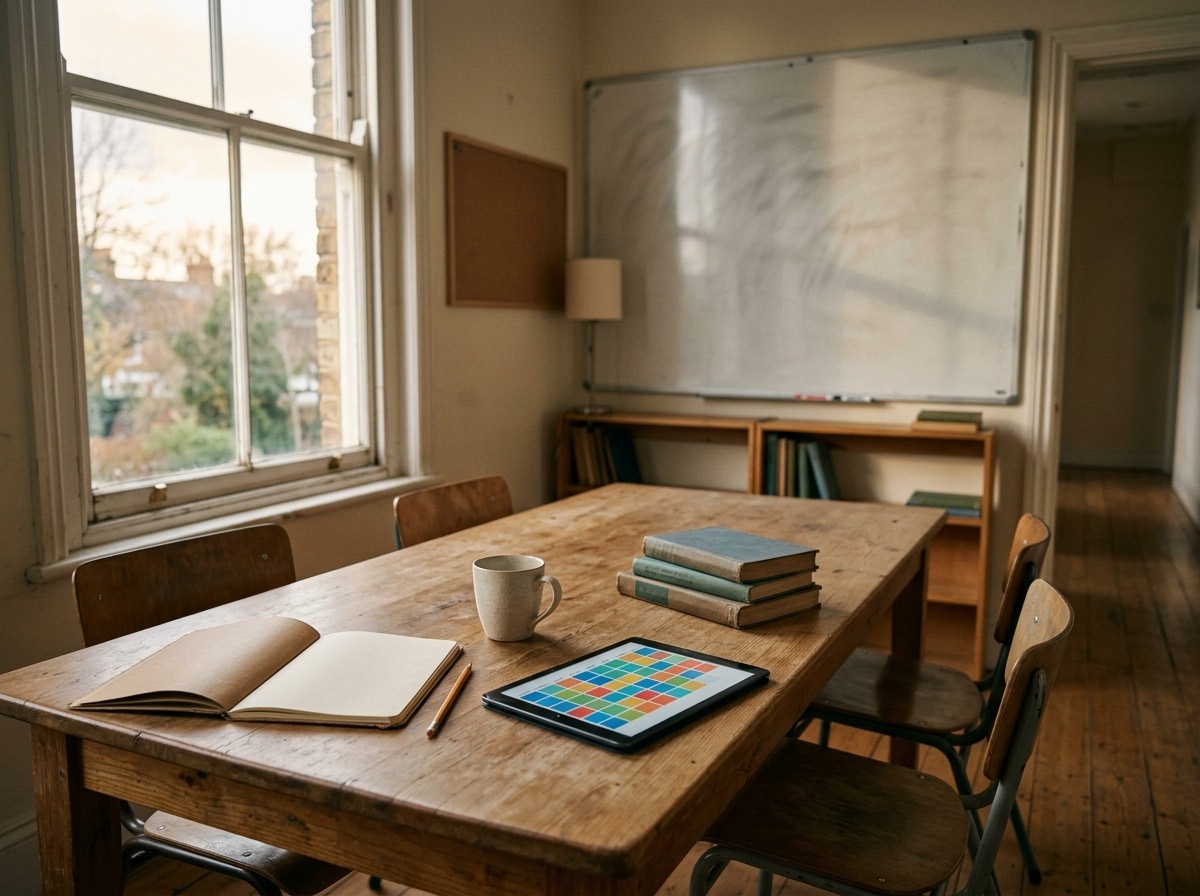 Quiet language school classroom with a wooden table, notebooks and a tablet showing a colourful lesson calendar