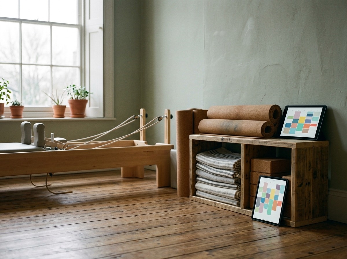 A small yoga and pilates studio with mats, a reformer and a tablet showing a weekly schedule