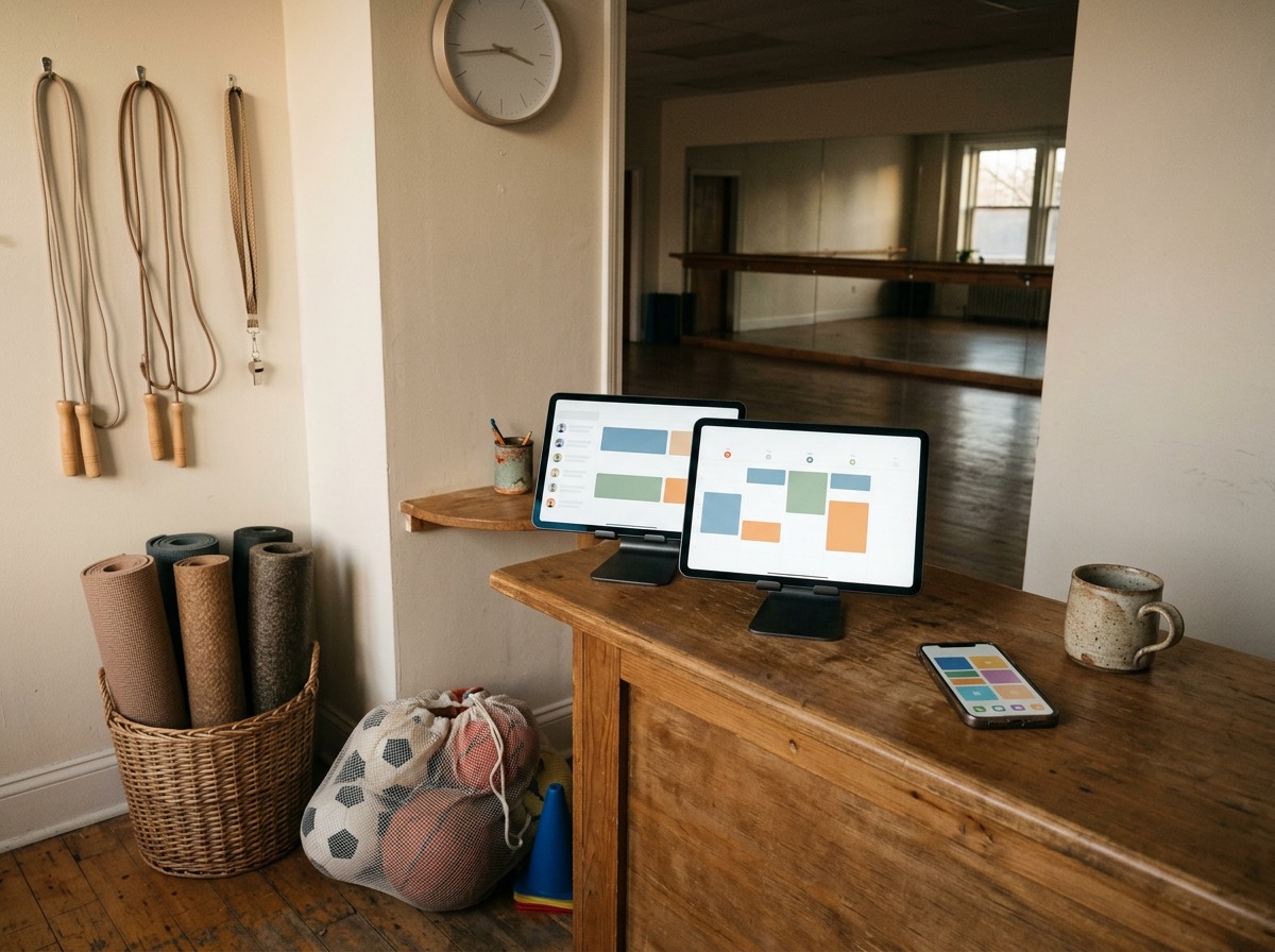 Front desk of a small sports and dance studio with two tablets showing a class schedule, a phone, yoga mats and footballs